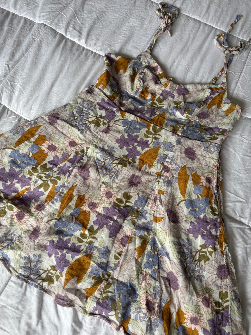 AEO Open-Back Floral Mini Dress in Mustard, Purple, Blue